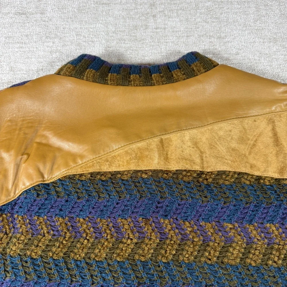 Saxony Sweater Mens XL Tan Leather Knit L/S Geometric Patchwork Vintage
